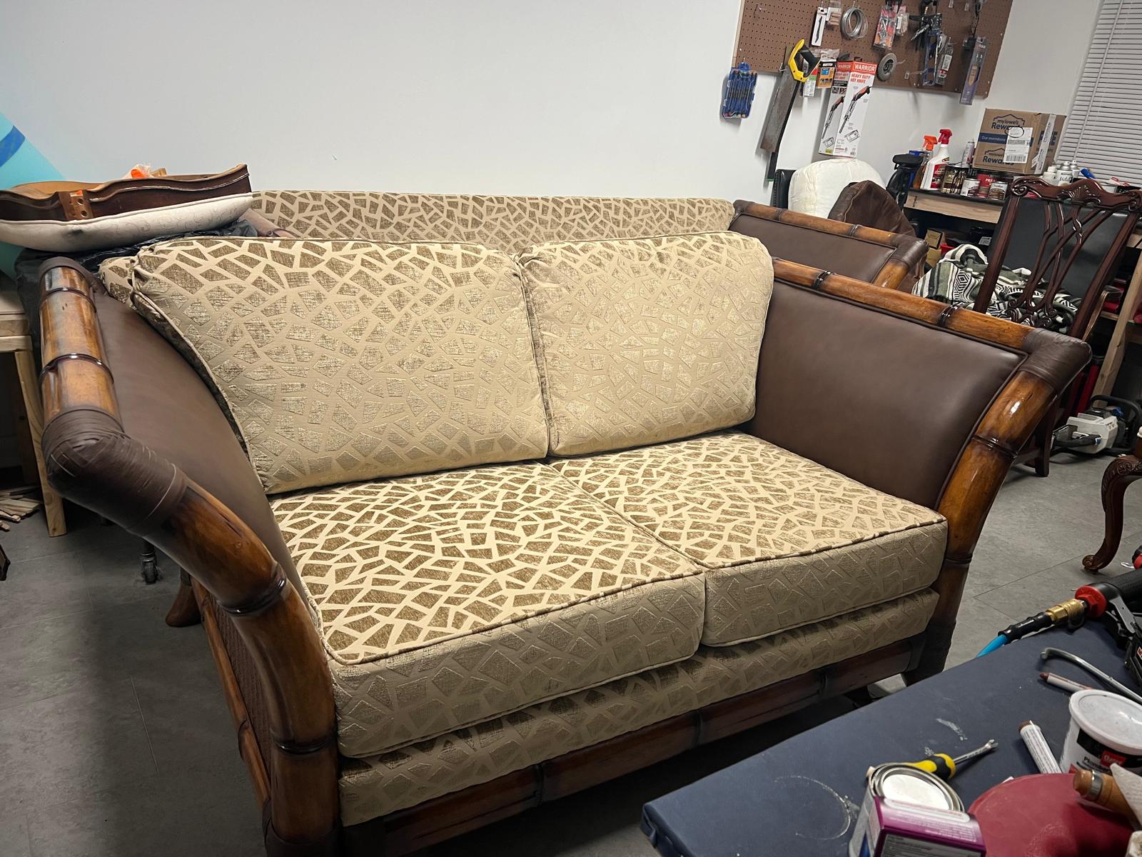 Restored carved wood sofa upholstered by Cozy and Nest Upholstery