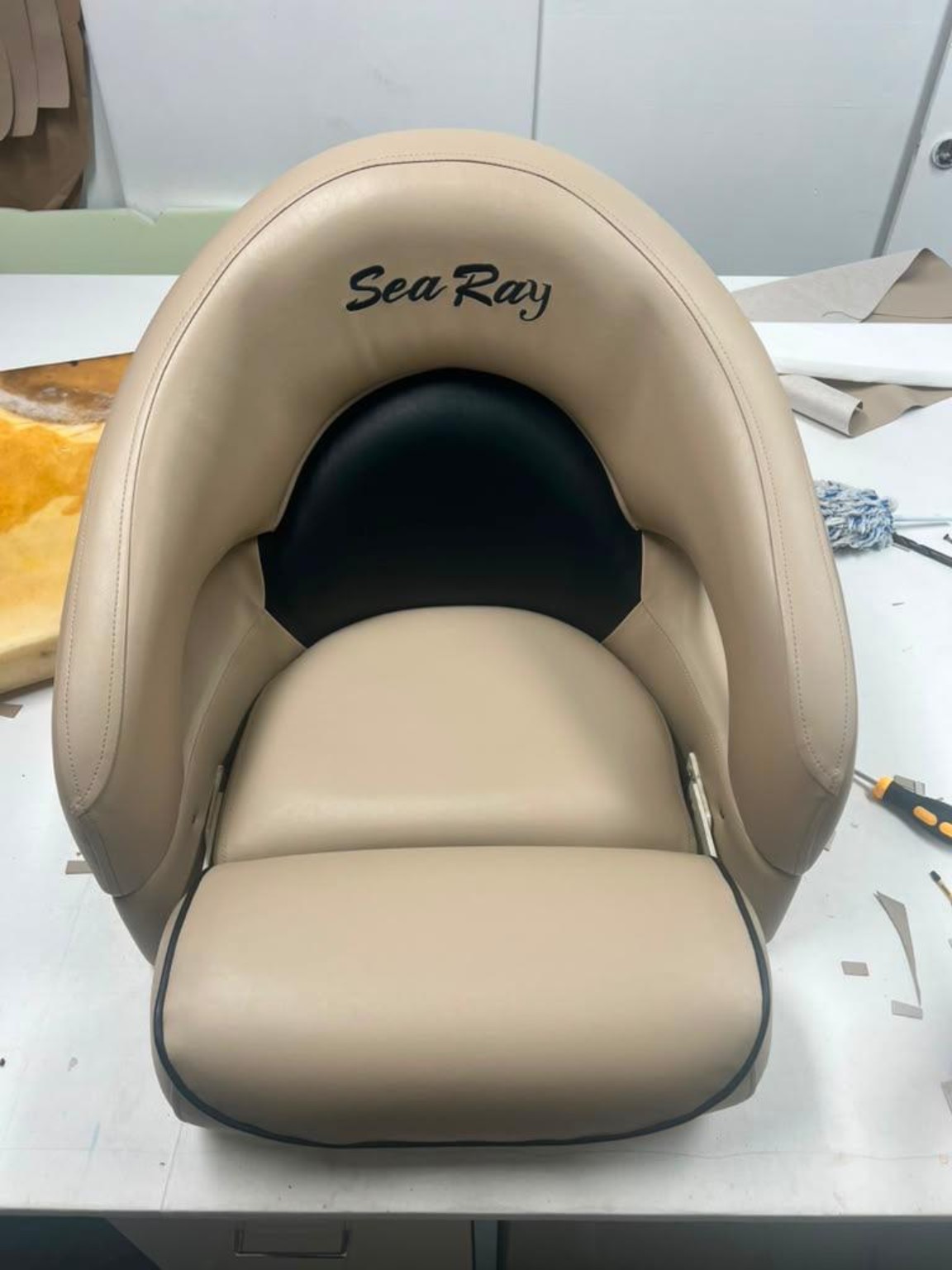 Sea Ray captain’s chair after upholstery